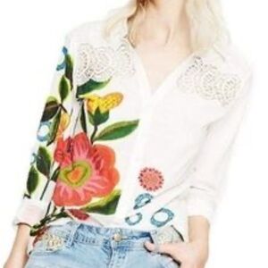 Women Desigual white floral design lace roll tab sleeves blouse top L
